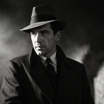 Depiction of a 1940s private detective in film noir style