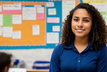 Young Hispanic female teacher, with curly hair, using a digital tablet, blurred classroom setting. AI generated.