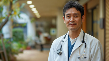 Chinese or Japanese doctor with stethoscope - medicine and healthcare concept. Portrait of an Asian doctor