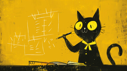 2d cat professor teaching in the feline university. Holding a pen in paws. Black and yellow flat doodle illustration
