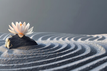A zen rock garden with raked sand patterns and a single lotus flower, isolated on a tranquility seeking grey background, for International Yoga Day  - obrazy, fototapety, plakaty