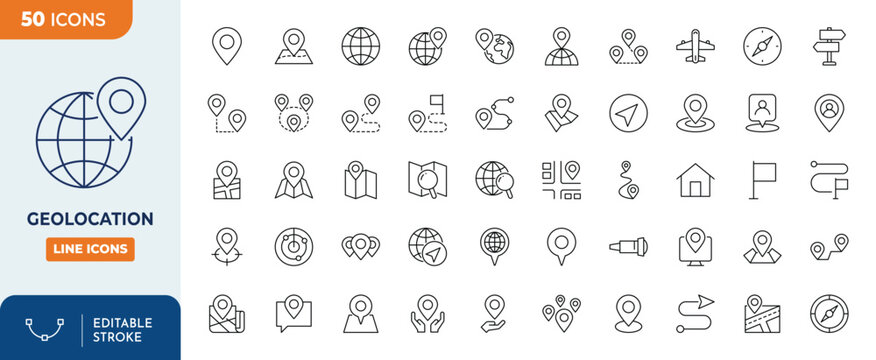 Geolocation icons set. Outline Icon Collection. Editable stroke. Vector illustration