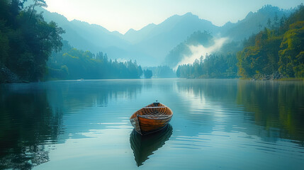 Lake in the mountains, Beautiful wooden boat. Created with Ai - obrazy, fototapety, plakaty