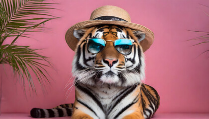 Cool tiger with sunglasses and hat in front of pink background with palm. Studio stylish wild animal fashion wallpaper.