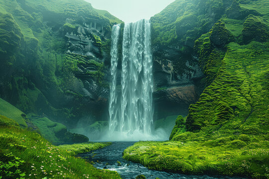 A majestic waterfall cascades down the green mountains of Iceland, creating an enchanting and breathtaking scene. Created with Ai