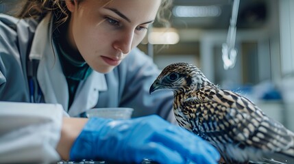 A focused veterinarian attentively examines a falcon, ensuring the majestic bird's health in a...