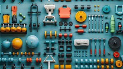 Miniature Tiny Fitness Equipment and Workout Gear on a Plain Background, Hand Edited Generative AI