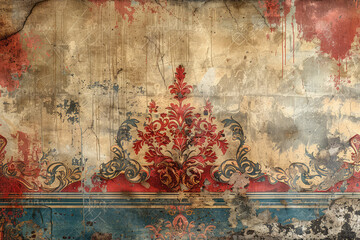 A large, vintage wallpaper with an intricate Persian rug design in muted reds and grays. Created with Ai