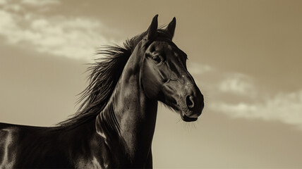 Beautiful mustang horse on sky background , abstract thoroughbred horse racer 
