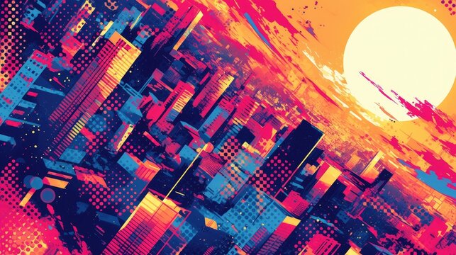 The urban landscape is brought to life with a vibrant and stylish retro twist featuring a fun and eclectic mix of halftone dots forming a colorful and mesmerizing pattern reminiscent of a c