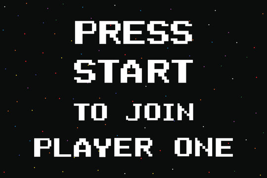 press start to join player one. 8-bit retro font, white text with star on black background.
