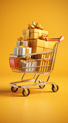 Shopping cart with gifts and balloons on yellow background