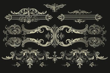Elegant Vintage Decorative Elements Vector, Ornate Borders and Calligraphy on Black, 8K Resolution, Detailed Illustrations, Dark Gray Palette