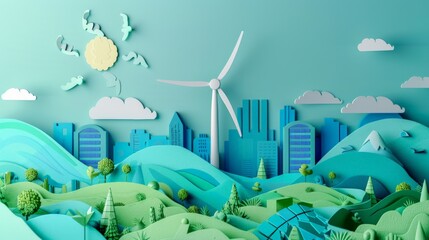 A whimsical papercut illustration of a wind turbine and solar panels powering a sustainable city, made from recycled paper with green and blue hues.