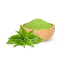 Green tea powder in a wooden cup  with leaves isolated on white background