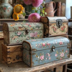 Four vintage wooden chests with floral designs