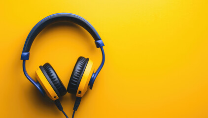 Yellow headphones isolated on a yellow background. Concept of listening music - obrazy, fototapety, plakaty