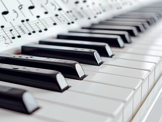 Focused Piano Keys with Blurred Music Notes Background