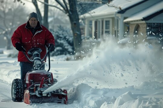 Man using snowblower to clear deep winter snow in residential area