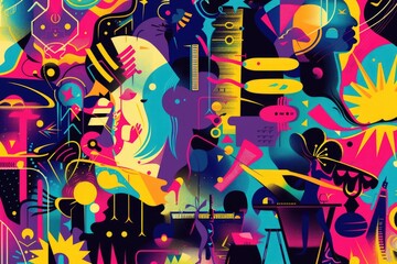 Kaleidoscopic illustration of music festival vibes, vibrantly capturing the essence of sound and rhythm