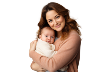 Portrait of mom holding baby with her arms isolated on transparent png background, love moment, newborn sleeping tenderly in arms, cute little infant.