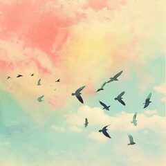 High-flying birds in a sky of watercolor dreams.