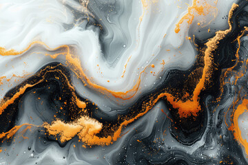 Black, white and orange abstract marble background with golden swirls in the style of various artists. Created with Ai 