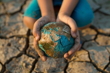 Child Holding a Cracked Earth Globe on Parched Ground Symbolizing Environmental Concern