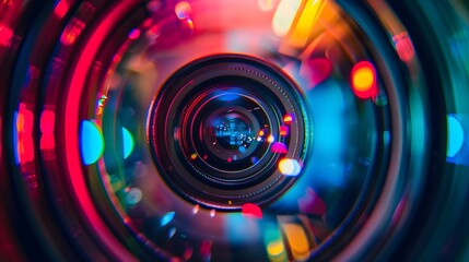Fototapeta na wymiar Colorfully stylized video camera lens close up. 