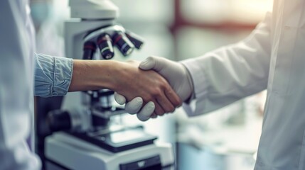 Two scientists exchanging a handshake to commemorate a successful experiment in the lab.