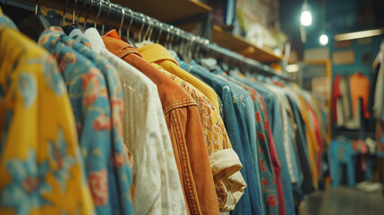 Obraz premium Second hand shop, colorful clothes hanging on hangers