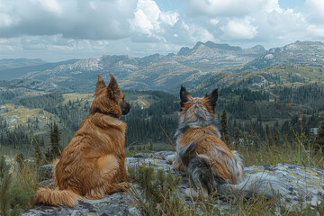 A photo of two golden retrievers sitting on top of the rocky mountains overlooking a beautiful landscape. Created with Ai