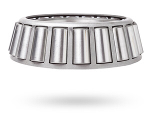 Shiny metal single row round roller bearing designed to absorb radial and one-sided axial loads of...