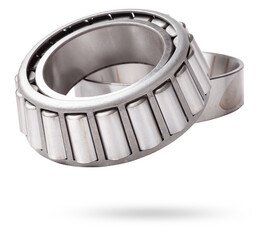 Shiny metal single row round roller bearing designed to absorb radial and one-sided axial loads of...