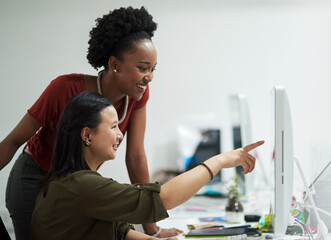 Internship, women and computer at desk for opinion, mentorship and female consultant in office for...