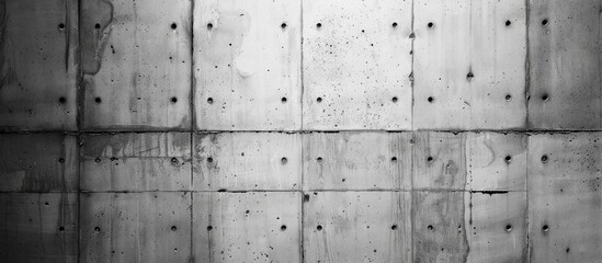 A black and white photo of a concrete wall with holes in a symmetrical pattern