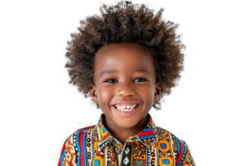 Studio portrait of young African-American little boy with Afro hair, bright colorful shirt and happy smile isolated on transparent png background.
