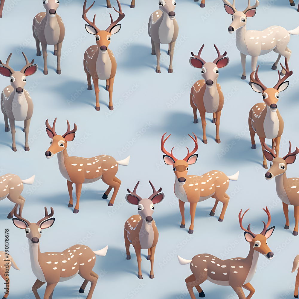 Poster a group of deer are standing in a pattern on a blue background. the deer are all different sizes and
