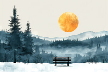 winter landscape with a bench in the forest