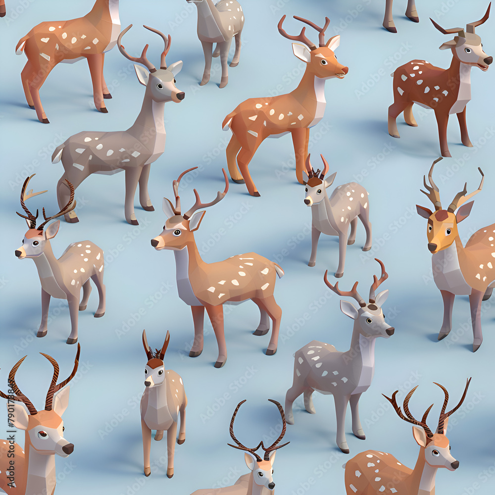 Aufkleber a group of deer are standing in a pattern on a blue background. the deer are all different sizes and