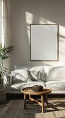 Interior Living Room, Empty Wall Mockup In White Room With Beige Sofa And Decorations, 3d Render