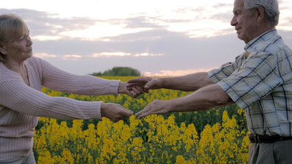 Married elderly couple sensually says goodbye in blooming rural field. Hold hands and do not want...