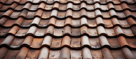 A close up of a roof covered with numerous brown tiles