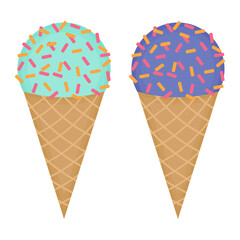 Ice cream set. Waffle cone with green mint and lilac blueberry ice cream scoop with colorful sprinkles on a transparent and white background. Vector cartoon illustration. Summer time.