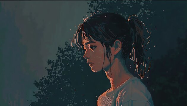 Craft a digital rendering using pixel art techniques to portray a profile of a character with a melancholy expression, emphasizing every pixel to convey complexity and depth of emotion