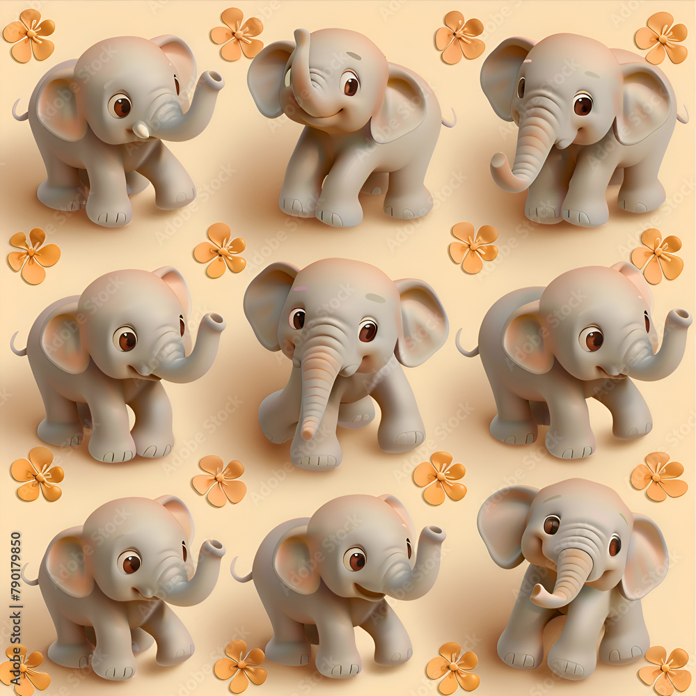 Aufkleber a series of cute elephant drawings with their trunks raised. the elephants are all smiling and seem 