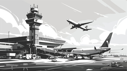 Airport Terminal building with aircraft taking off. - obrazy, fototapety, plakaty