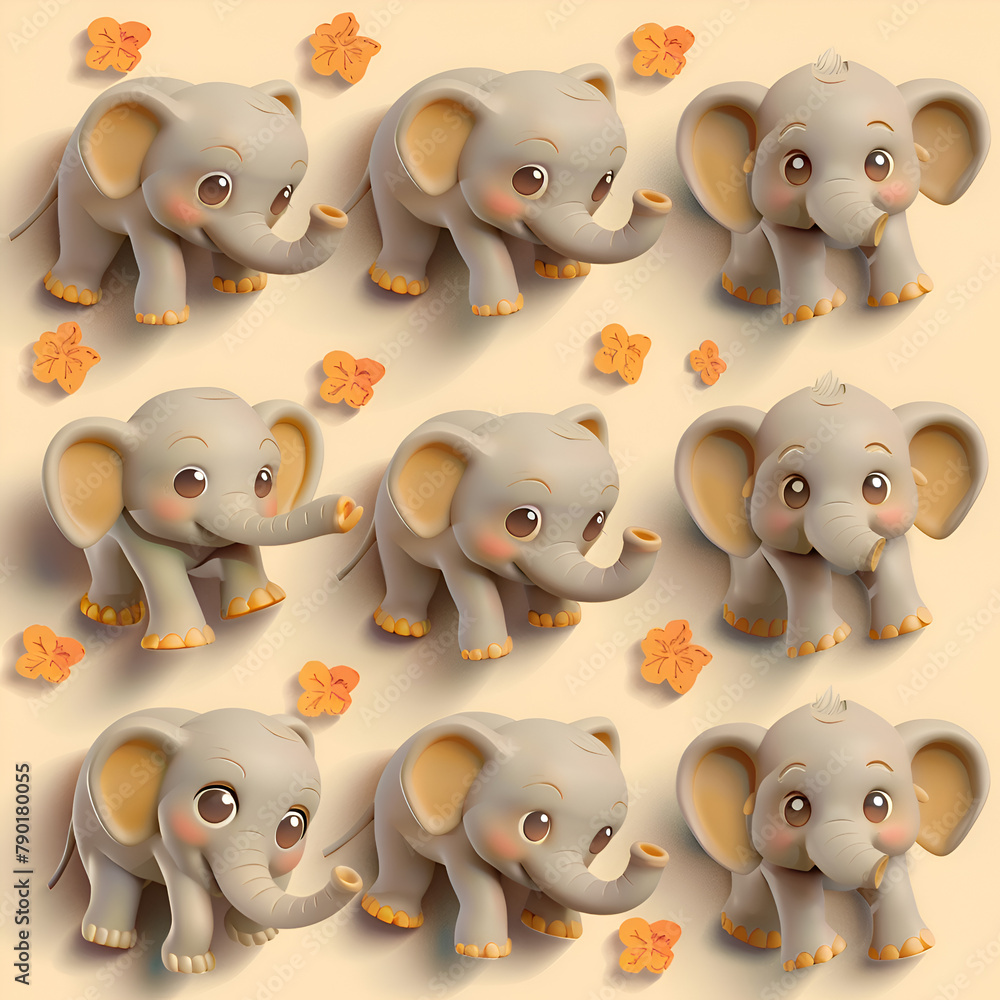 Aufkleber a series of cute elephant drawings with their trunks raised. the elephants are all smiling and seem 