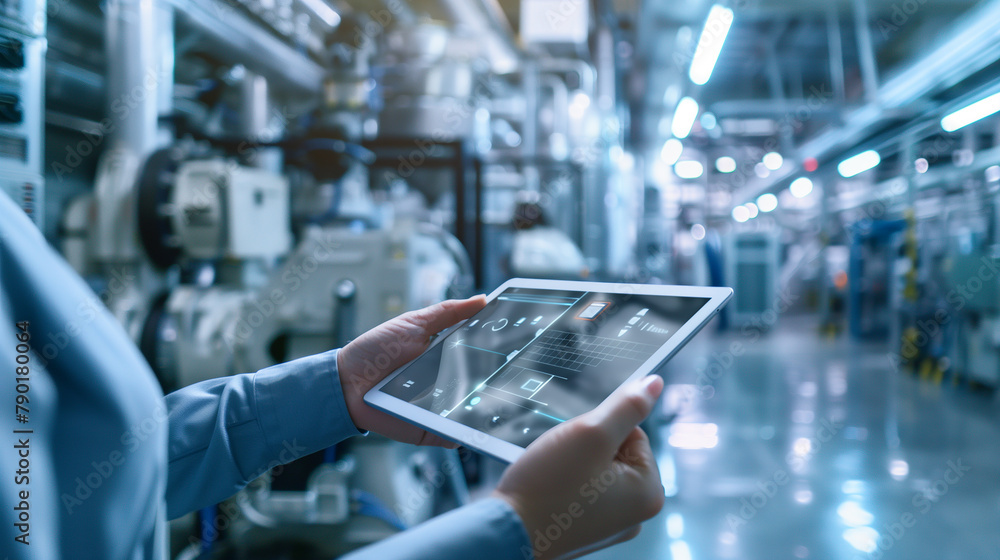 Poster a person is holding a tablet in a factory setting. the tablet is displaying a blue screen with a few