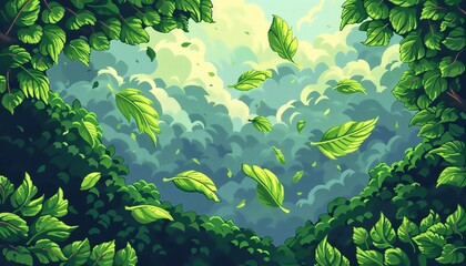 Craft a dynamic scene of flying green leaves from a unique pixel art perspective Utilize vibrant colors and precise detailing to bring a sense of whimsy and energy to the composition, highlighting the - obrazy, fototapety, plakaty